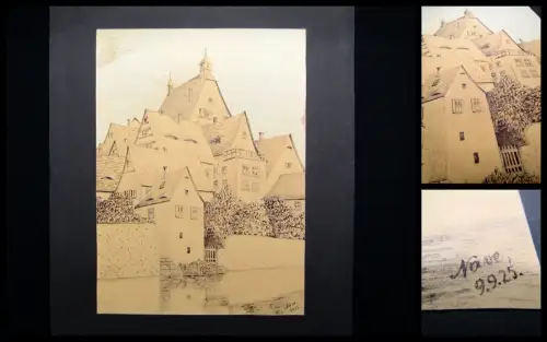 lavierte Federzeichnung Besigheim am Enzufer Stadtpartie Baden-Württemberg