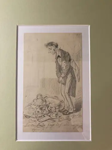 Schmelzer Bleistiftzeichnung " Kellner mit heruntergefallenem Geschirr" um 1880