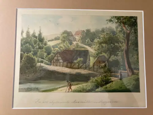 Schmelzer Aquarell " Die abgebrannte Meixmühle im Meixgrunde" um 1870 Pillnitz
