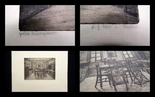 Heinz Gustav Weis Radierung "Goethes Arbeitszimmer" um 1820 ca.11 x 17 cm