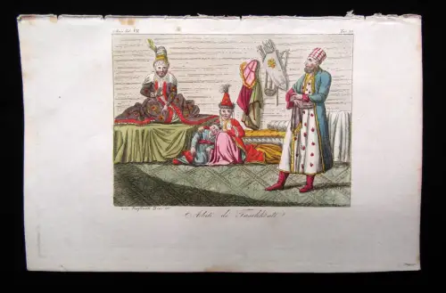 Asien Indien Kleidung Trachten Kupferstich um 1825 Bernieri handkoloriert Grafik