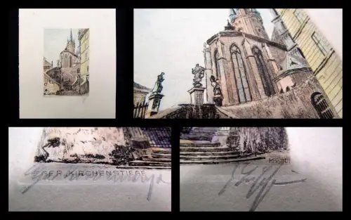 Eger/Cheb Farb- Radierung " Kirchenstiege " um 1920 signiert unten r. Kunst