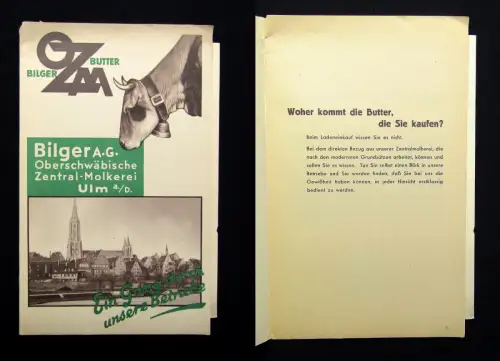 Or. Prospekt OZM Bilger Butter, Bilger A.G. Oberschwäbische -Molkerei Ulm 1930