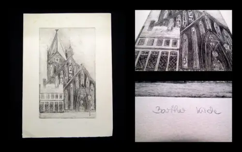 Radierung von Behr über die St. Marienkirche in Barth (bei Stralsund) 1986 Kunst