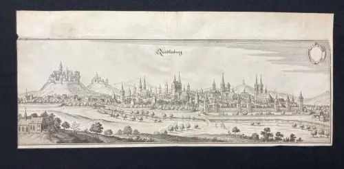 Merian Kupferstichkarte von Quedlinburg in Sachsen- Anhalt um 1650 16x38cm