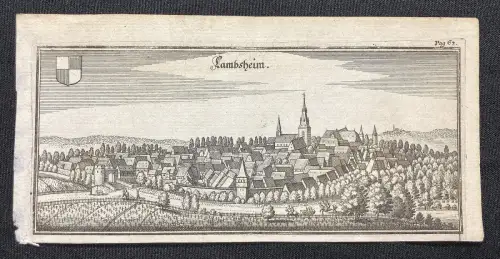Merian Kupferstichkarte von Lambsheim im Rheinland- Pfalz- Kreis 1650 9x19cm