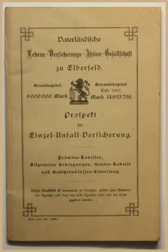 Orig Prospekt Vaterländische Lebens-Versicherungs-Aktien-Gesellschaft Elberfeld
