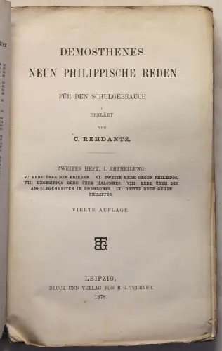 Rehdantz Demosthenes 9 Philippische Reden 2. Heft 1.Abt 1879 Politik Antike xz