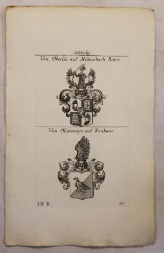 Kupferstich Wappen Familie v. Oberlin Ritter & V. Obermayr 1825 Heraldik Bayern