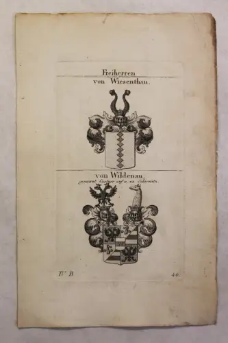 Kupferstich Wappen Familie von Wiesenthau & von Wildenau 1825 Heraldik Bayern xz