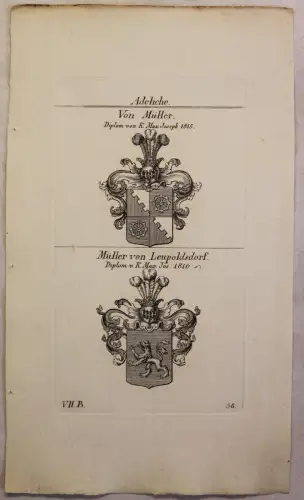 Kupferstich Wappen Familie von Müller & Müller v. Leupoldsdorf 1825 Heraldik xz