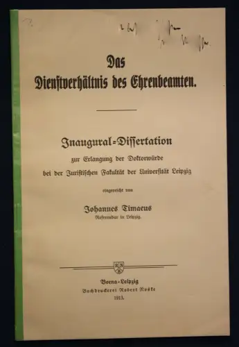 Timaeus Das Dienstverhältnis des Ehrenbeamten 1913 Recht Wissen Studium sf