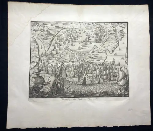 Handkolorierter Kupferstich der Seeschlacht um Cadiz im Jahr 1596