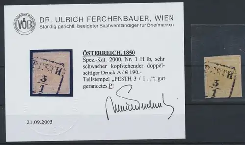1850 - Österreich - Nr. 1 H Ib - Teilstempel PESTH 3 / 1 - Attest Ferchenbauer