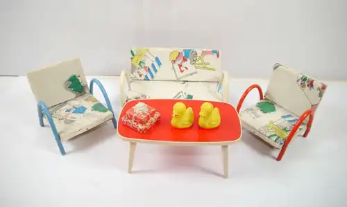 Puppenmöbel Couch / Bank , Tisch , Stühle / Sessel + Dekoration 50er (F21)