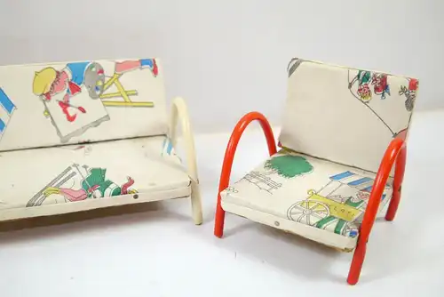 Puppenmöbel Couch / Bank , Tisch , Stühle / Sessel + Dekoration 50er (F21)