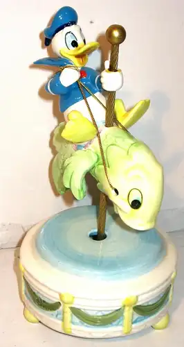 Disney Music Box SCHMID Porzellan - Donald reitet Fisch Spieluhr Figur (K30)*