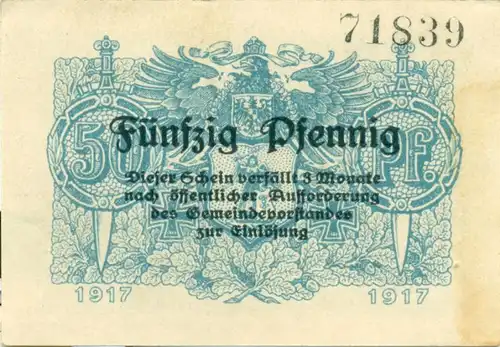 Notgeld Kriegsgeld Buttstädt 50 Pfennig 1917