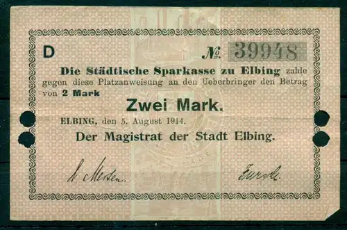 Notgeld Platzanweisung Elbing Zwei Mark 1914