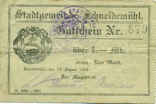 Notgeld 2 Gutscheine Schneidemühl 1914
