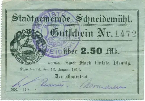 Notgeld 2 Gutscheine Schneidemühl 1914