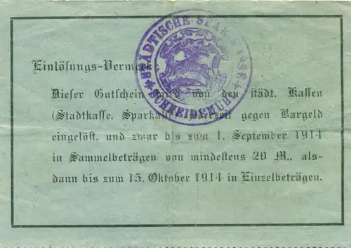 Notgeld 2 Gutscheine Schneidemühl 1914