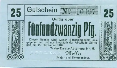 Gutschein Train-Ersatz-Abteilung Major Moller 25 Pfennige 1918