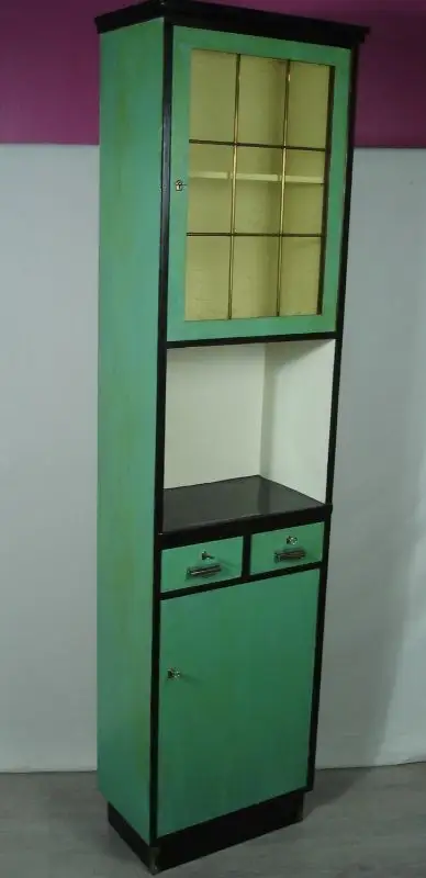 50er Schmales Buffet Vitrine Gläserschrank Geschirrschrank shabby Türkis + Nußbaum dunkel 3