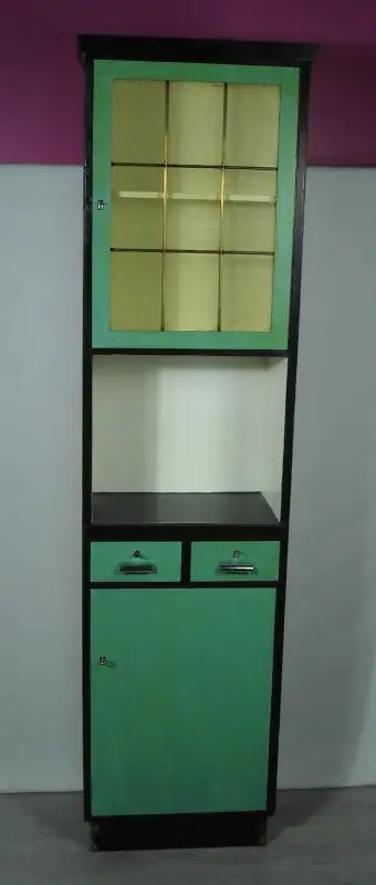 50er Schmales Buffet Vitrine Gläserschrank Geschirrschrank shabby Türkis + Nußbaum dunkel 4