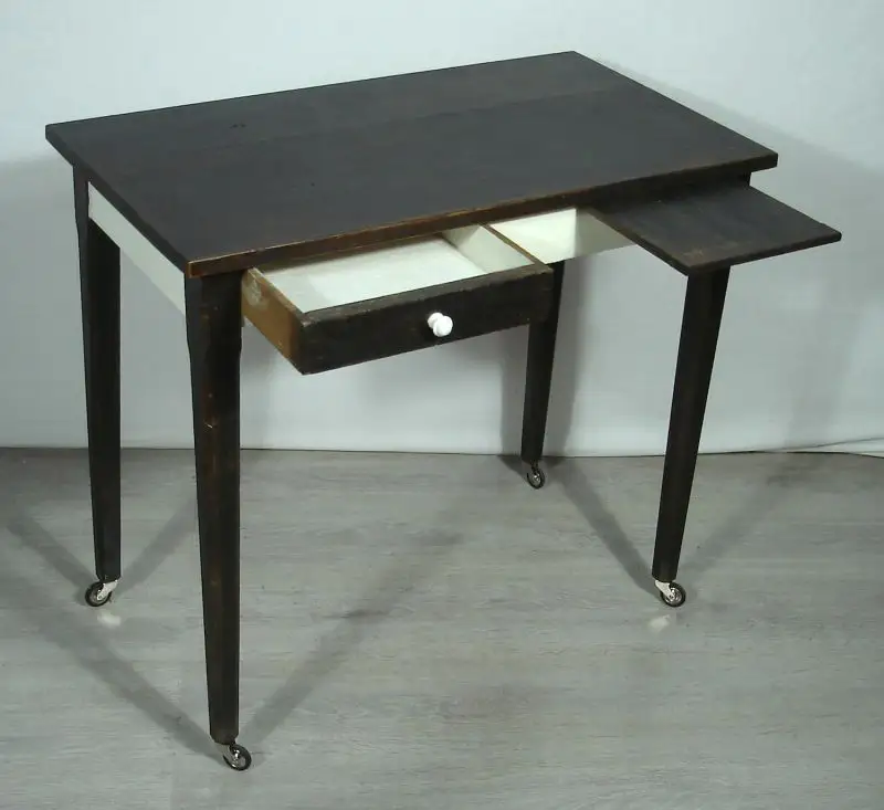 1920er Schreibtisch Laptop Tisch auf Rollen Schubl +Auszug, Nußb dkl +Antik-Weiß 2