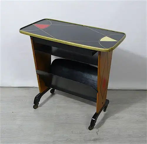 50er 60er Serviertisch Lesetisch Rolltisch, Schubl + Zeitungsfach, Mid Century