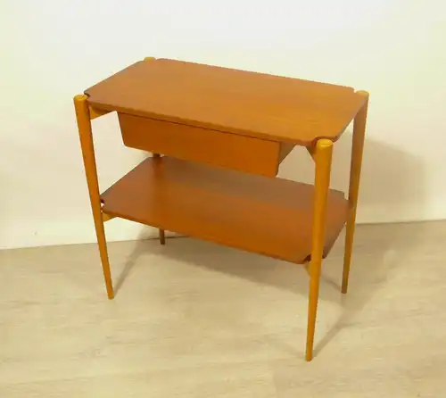 50er Teak Beistelltisch Fritz Hansen, 2 Ebenen 1 Schublade, Mid Century Modern