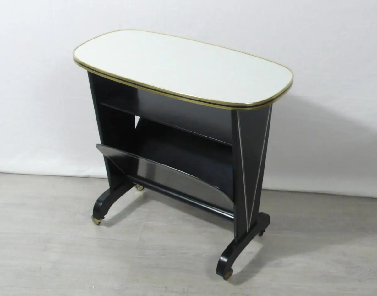 50er 60er Beistelltisch Lese Rolltisch mit Zeitungsfach, grau + schwarz, Mid Century Modern



 1