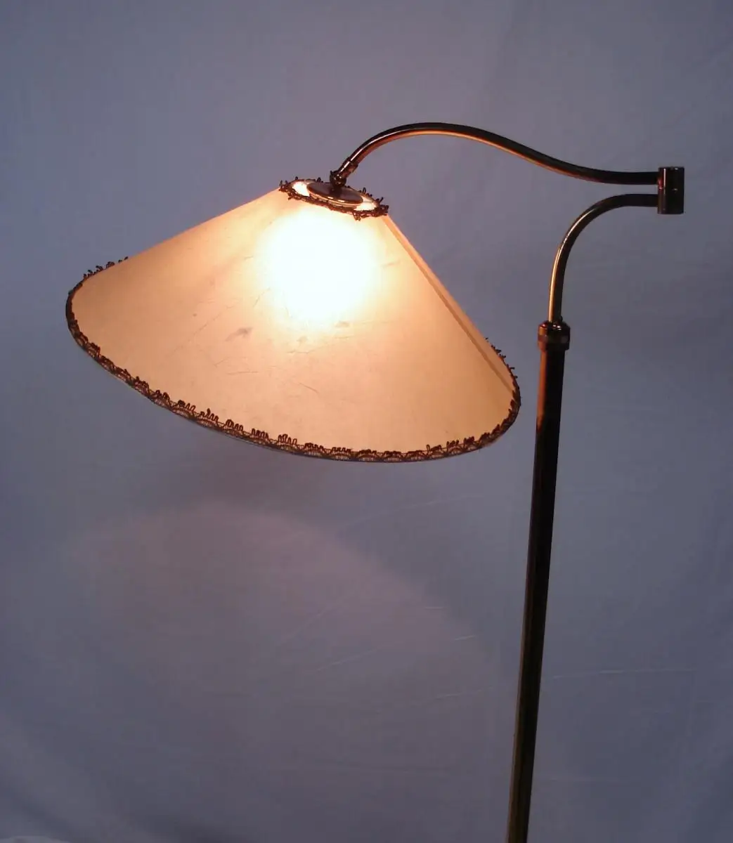 50er Schwenkarm Stehlampe Messing, original Space Age Schirm, Mid Century Modern, alter B + M Stil 2