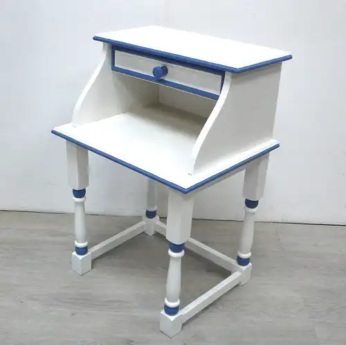 Beistelltisch Konsolentisch Nachttisch mit Schublade, Weiß + Friesenblau handbemalt