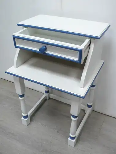 Beistelltisch Konsolentisch Nachttisch mit Schublade, Weiß + Friesenblau handbemalt
