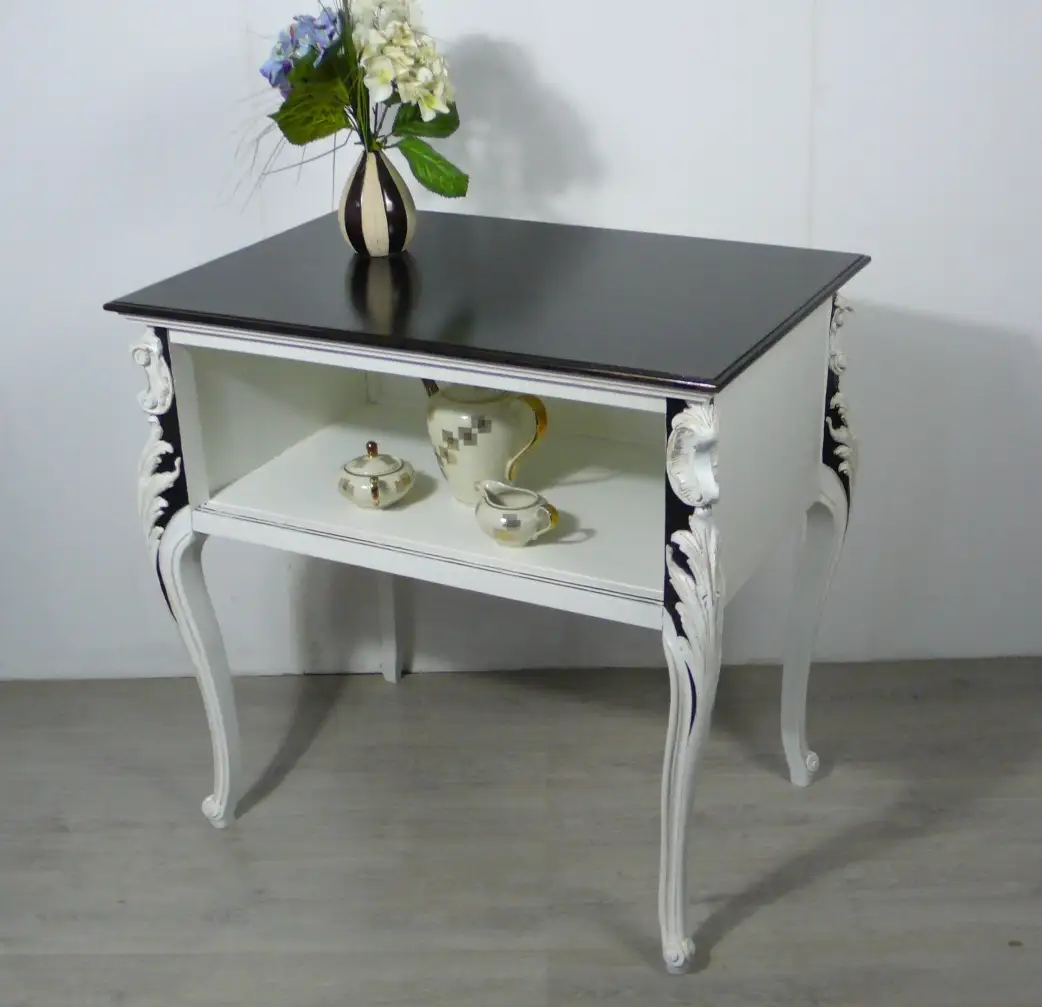 1930er Anrichte Tisch Chippendale Stil mit Ablage, Weiß + Nußbaum dunkel  0