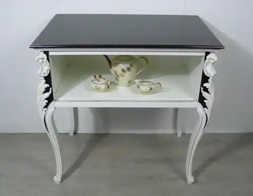 1930er Anrichte Tisch Chippendale Stil mit Ablage, Weiß + Nußbaum dunkel 