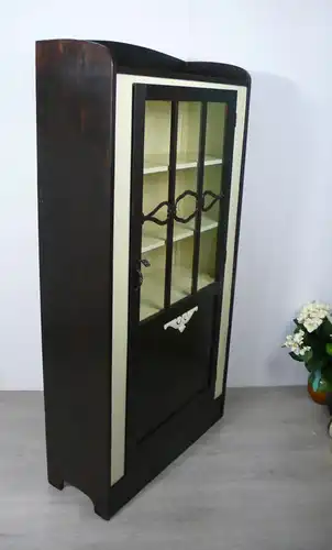 Vitrine Bücherschrank 1-türig Jugendstil um 1910, Eiche dkl + Creme, handbemalt