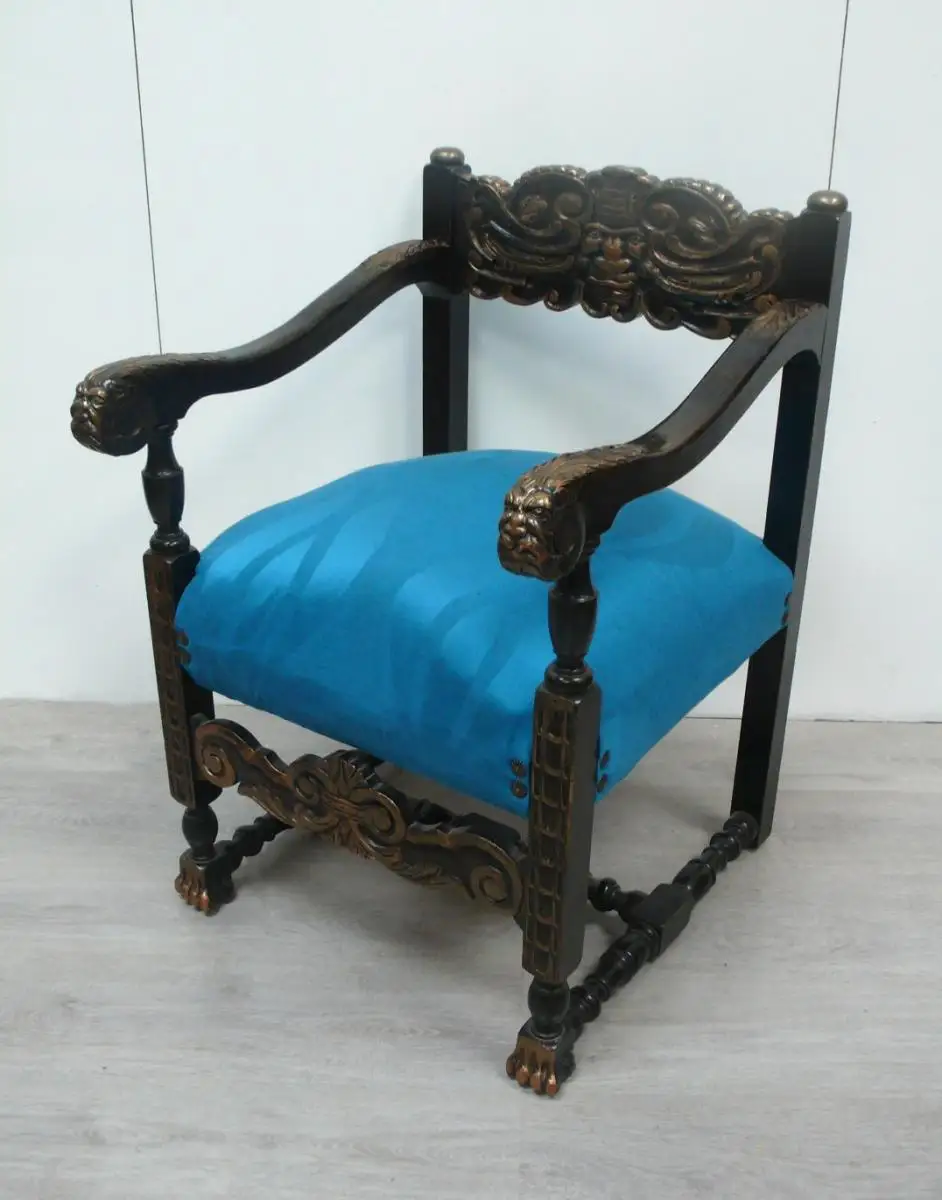 Opas antiker Sessel Thron, Französischer Kolonial Stil, Eiche dunkel + Blaues Polster, um 1900 0