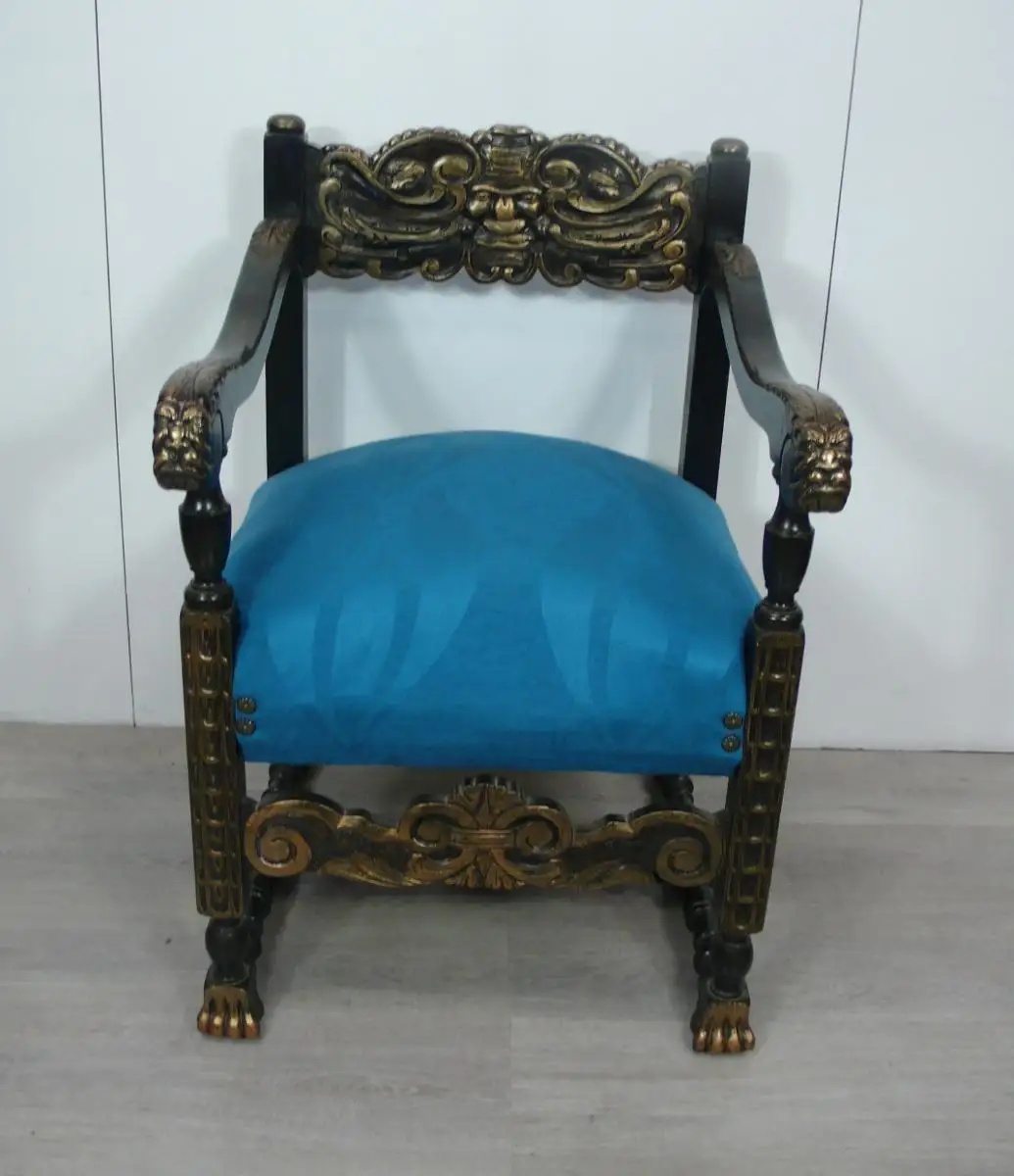Opas antiker Sessel Thron, Französischer Kolonial Stil, Eiche dunkel + Blaues Polster, um 1900 2