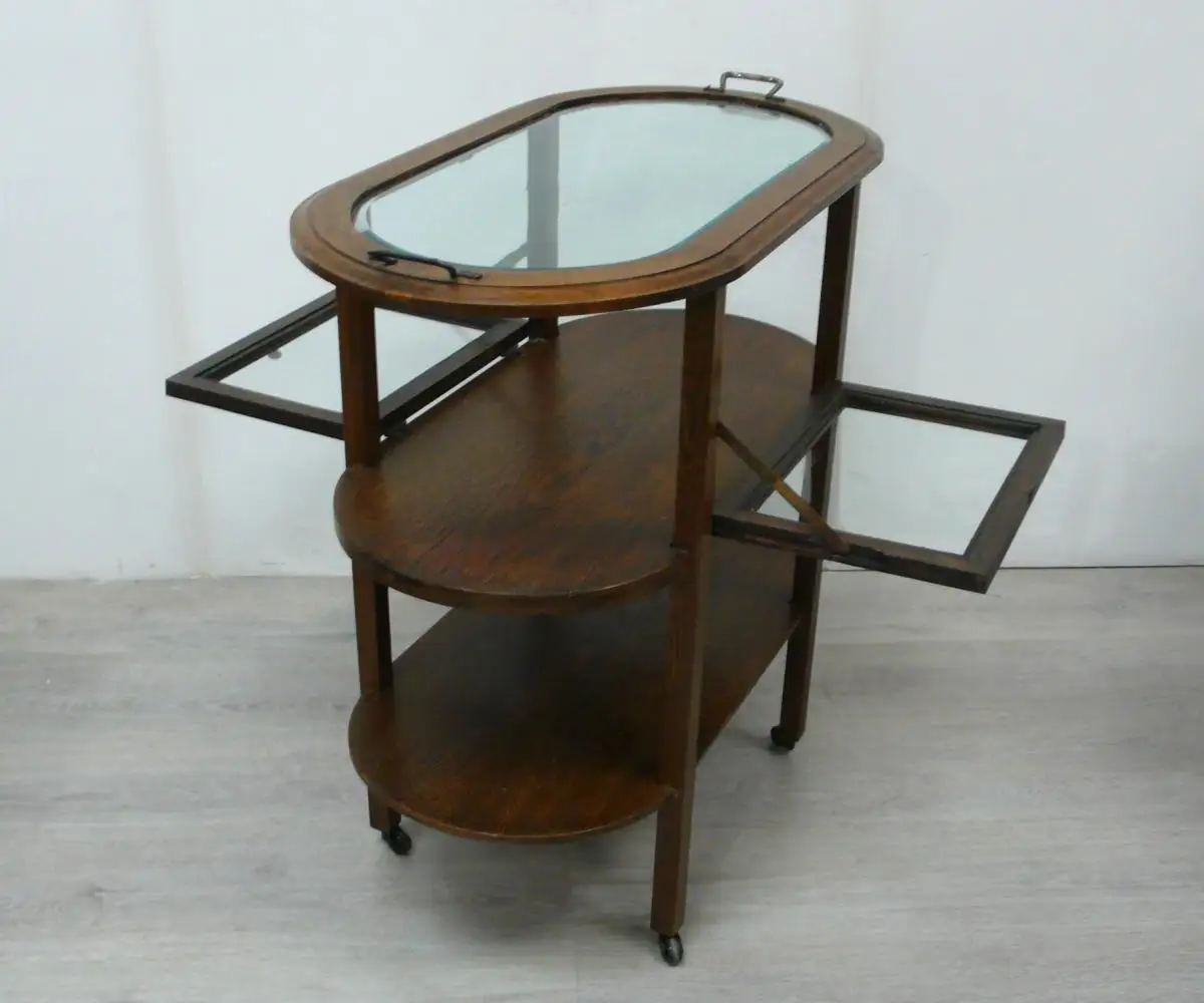 Hausbar Tee Servierwagen Oval 3 Ebenen, Eiche + Glas, um 1910 Jugendstil 0