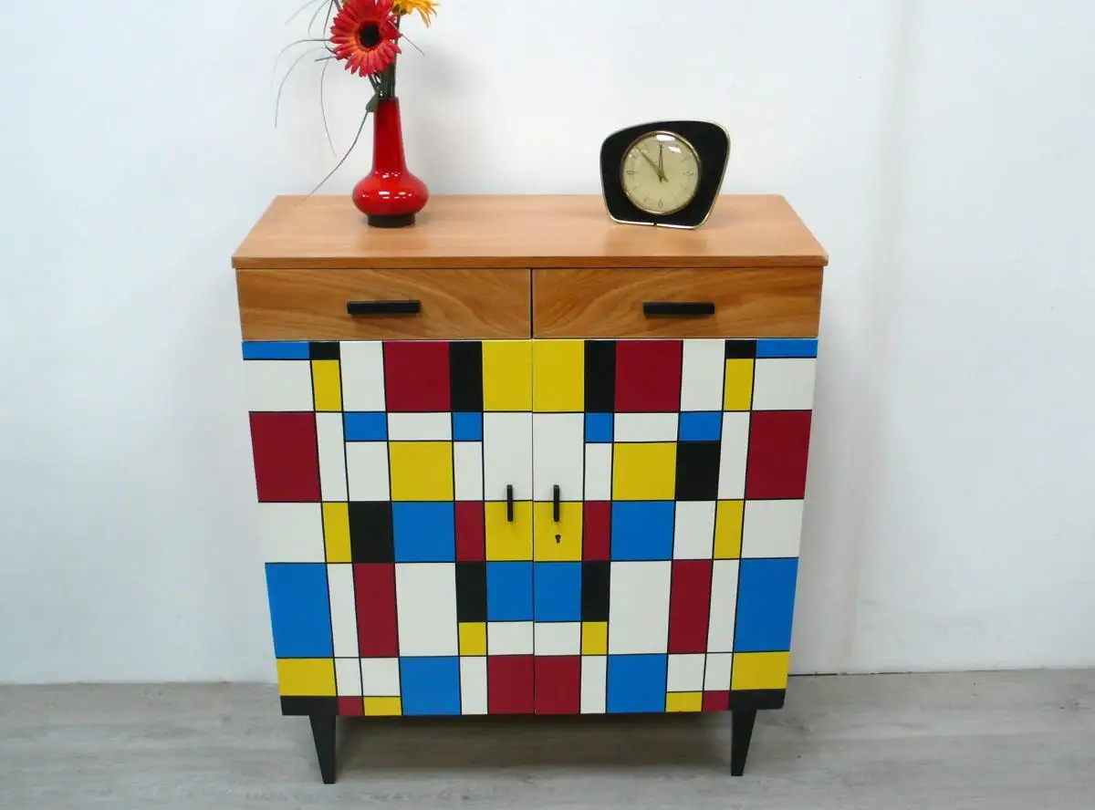 50er 60er Sideboard Flurschrank 2-türig 2 Schubladen Buche + Mondrian Stil Muster Mid Century Modern 0