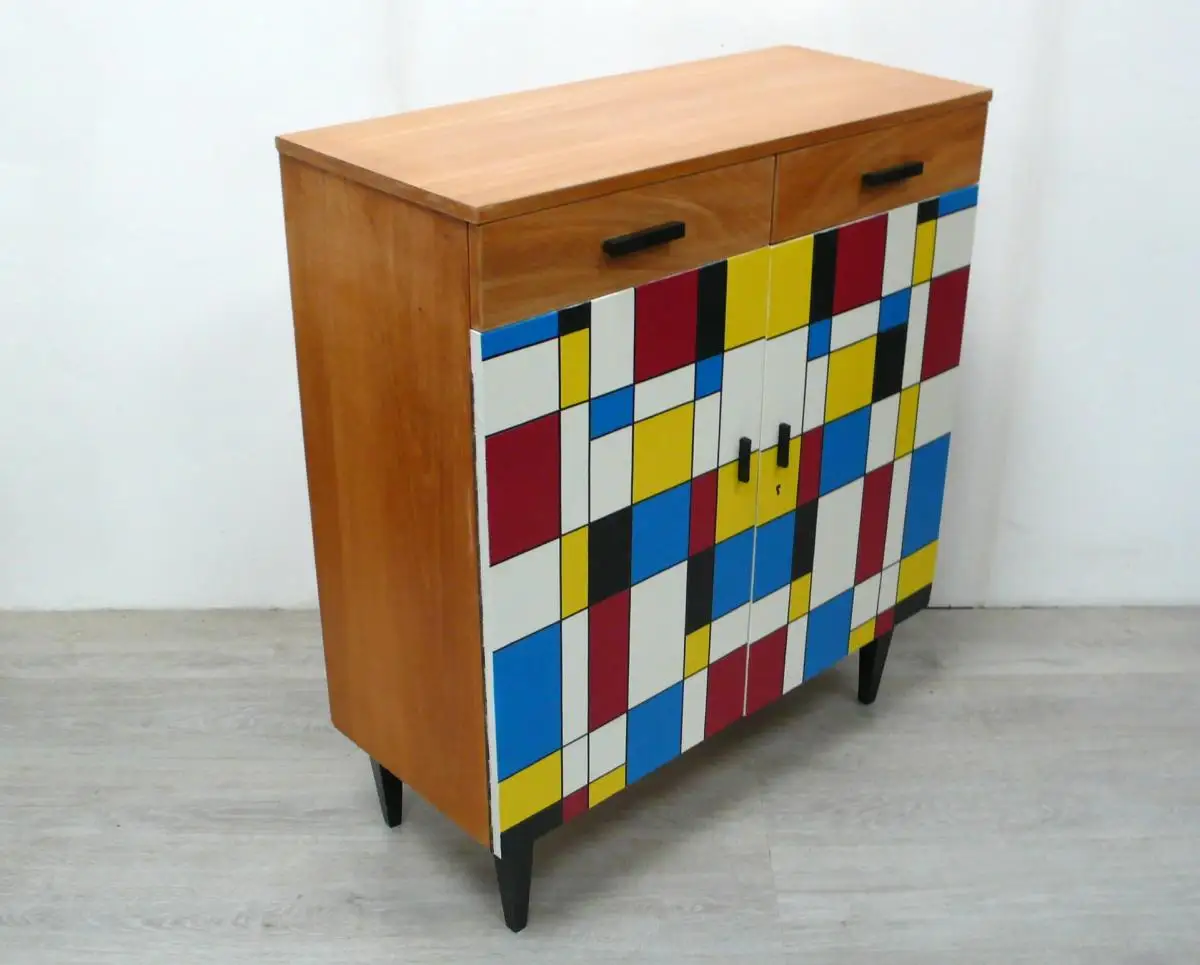 50er 60er Sideboard Flurschrank 2-türig 2 Schubladen Buche + Mondrian Stil Muster Mid Century Modern 1