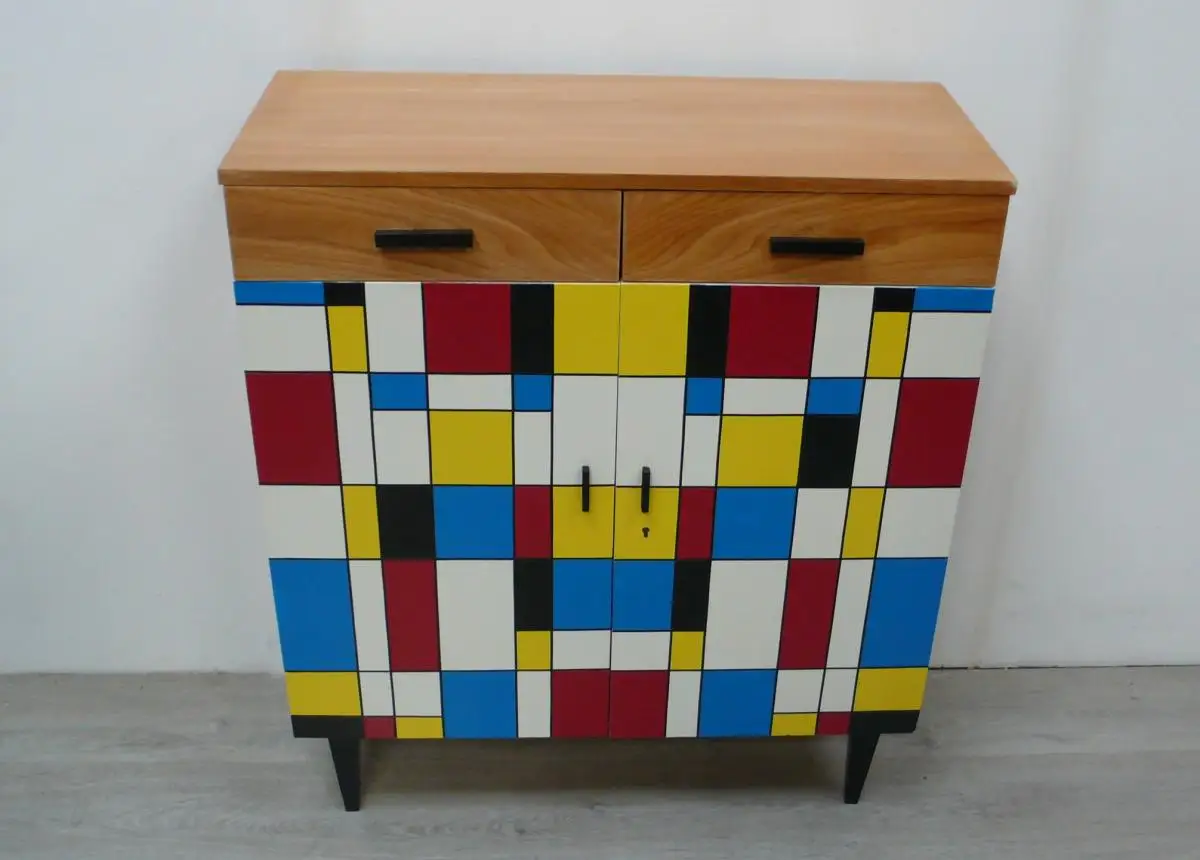 50er 60er Sideboard Flurschrank 2-türig 2 Schubladen Buche + Mondrian Stil Muster Mid Century Modern 3