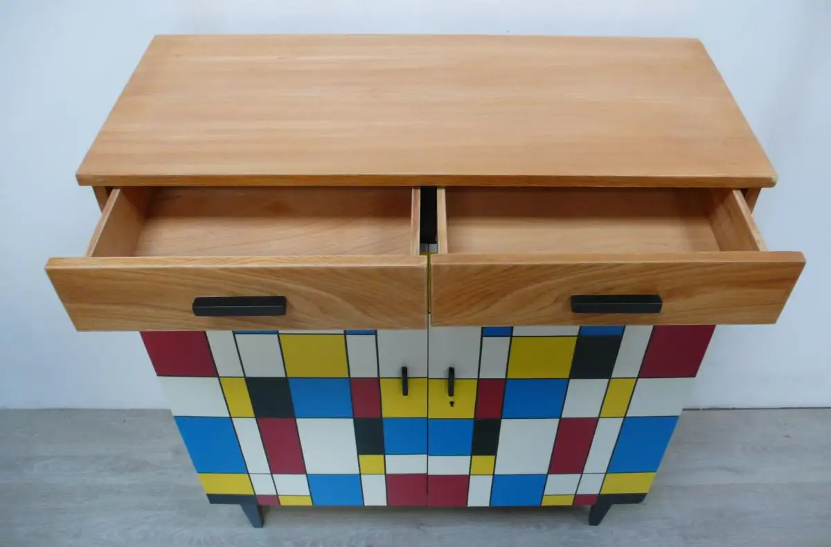 50er 60er Sideboard Flurschrank 2-türig 2 Schubladen Buche + Mondrian Stil Muster Mid Century Modern 4