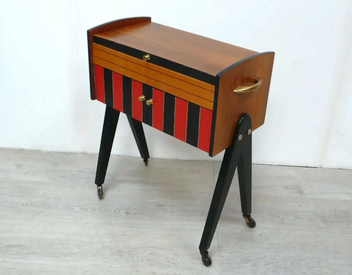 50er 60er Roll Nähkasten Utensilien Kasten Buche Schwarz Rot V-Form Beine Mid Century Modern 0