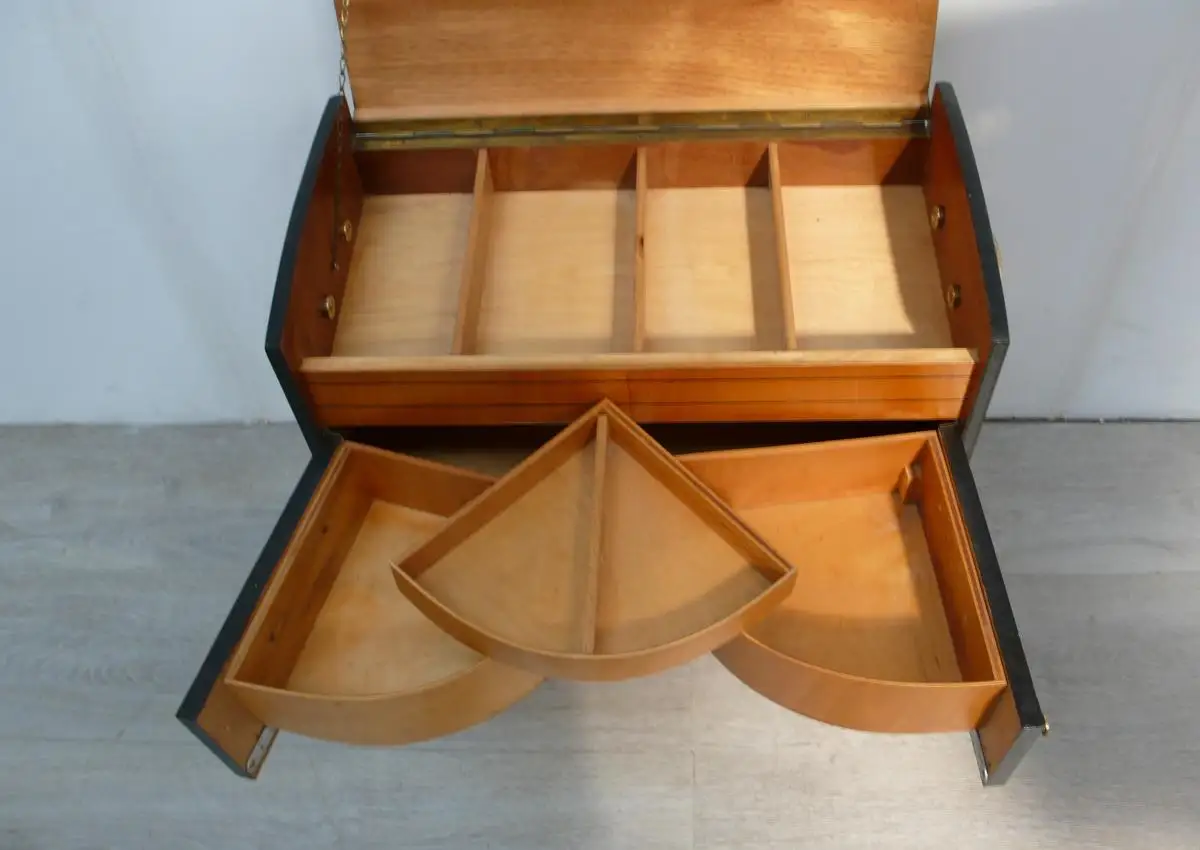 50er 60er Roll Nähkasten Utensilien Kasten Buche Schwarz Rot V-Form Beine Mid Century Modern 4