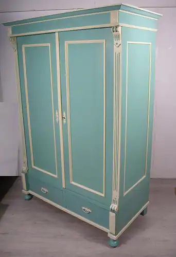 Dielenschrank Garderobenschrank 2-türig 2 Schubladen Shabby Mint + Creme handbemalt, Gründerzeit / Jugendstil Landhausstil um 1900