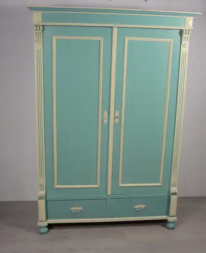 Dielenschrank Garderobenschrank 2-türig 2 Schubladen Shabby Mint + Creme handbemalt, Gründerzeit / Jugendstil Landhausstil um 1900